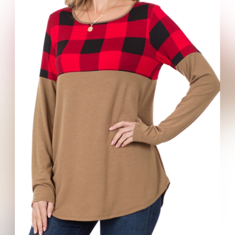 Zenana plaid color block long sleeve top